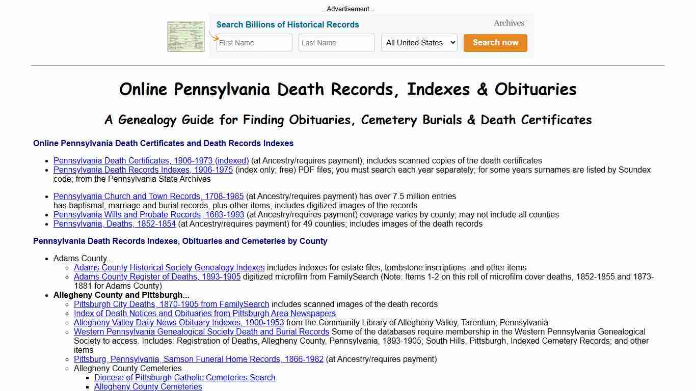 Online Pennsylvania Death Indexes, Records & Obituaries